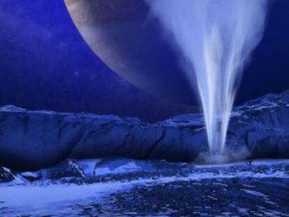 Ilustración de una pluma de de agua en Europa, una de las lunas de Júpiter.