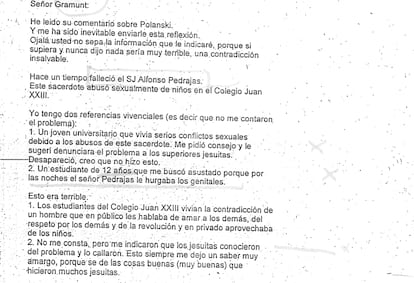 Uno de los 'mails' enviados por un exalumno del pederasta Alfonso Pedrajas denunciando que este abusaba de menores.