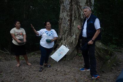 Josep Borrell conversa con mujeres del Petén que le muestran como recogen los frutos del ramón, un árbol común en la selva maya.