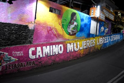 Un mural en un Camino de Mujeres Libres y Seguras en Avenida Minas, en Iztapalapa. I.G.