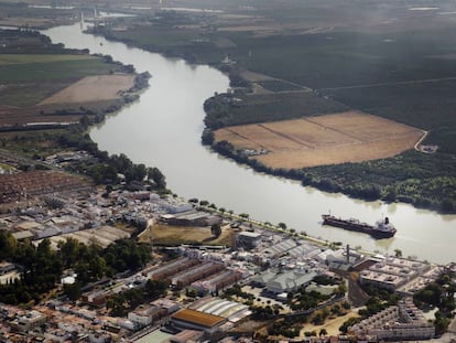 Un barco navega hacia Sevilla por el Guadalquivir.