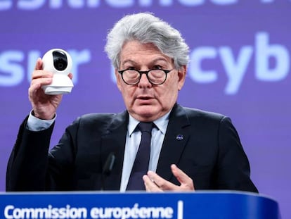 El Comisario de Mercado Interior, Thierry Breton, durante la presentación de la Ley de Ciberresiliencia en Bruselas. 