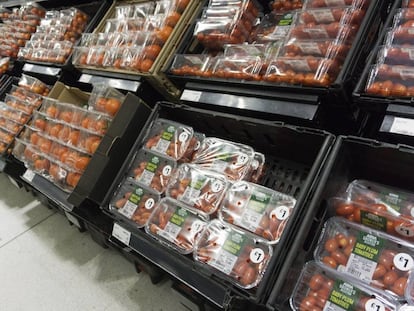Tomates envasados en un mercado de Londres.
