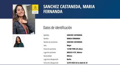 Ficha de búsqueda emitida por la Interpol de María Fernanda Sánchez, la joven mexicana que desapareció en las calles de Berlín el sábado 22 de julio.