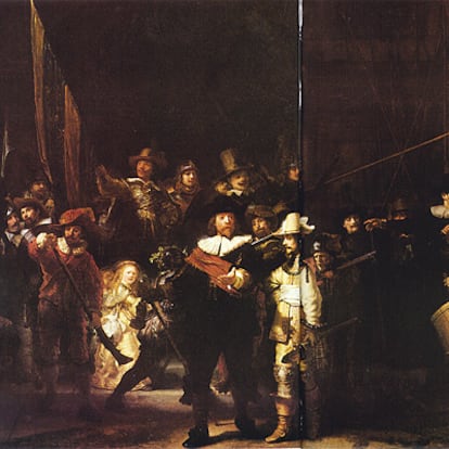 'La ronda nocturna' (1642; 363 por 437 centímetros) es una de sus grandes obras. El oscurecimiento de los barnices dio a esta obra el nombre equivocado, ya que al limpiar el óleo, a medidos del siglo XX, se descubrió que la escena que pintó Rembrandt transcurría en pleno día.