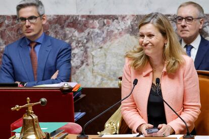 La presidenta de la Asamblea Nacional francesa, Yaël Braun-Pivet, este jueves en el pleno de la cámara, en París.