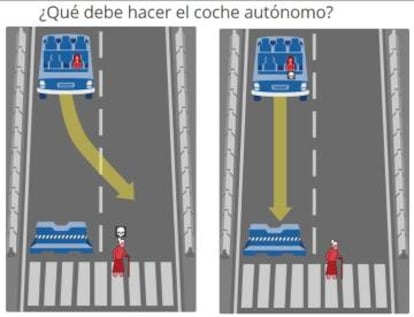 En uno de los dilemas, el jugador debe elegir entre atropellar a la anciana o que el coche choque contra el muro matando a su pasajera.