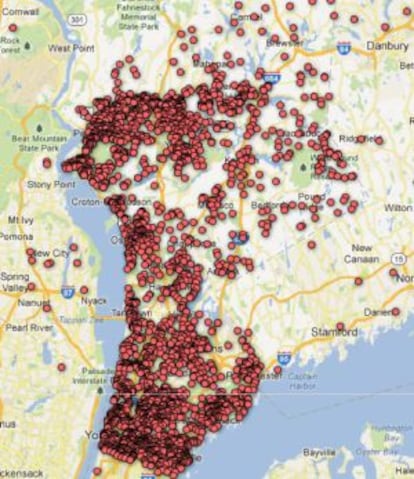 Mapa con los poseedores de permiso de armas en tres condados de Nueva York.