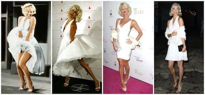 Maryl Monroe en 'La tentación vive arriba' ha sido uno de los personajes más repetidos por las famosas. De izquierda a derecha: Ana Obregón disfrazada como la actriz en una fiesta en Marbella en 2002; Paris Hilton, en  2010 y la modelo Karlie Kloss, en una fiesta el pasado sábado en Nueva York.