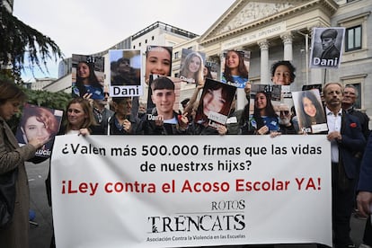 Familiares víctimas acoso escolar frente Congreso de los Diputados