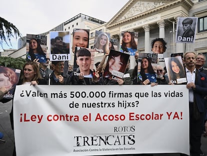 Familiares víctimas acoso escolar frente Congreso de los Diputados
