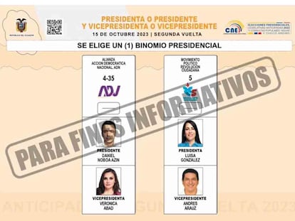 Así se verá la papeleta con la que los votantes elegirán el próximo 15 de octubre la fórmula que gobernará Ecuador.