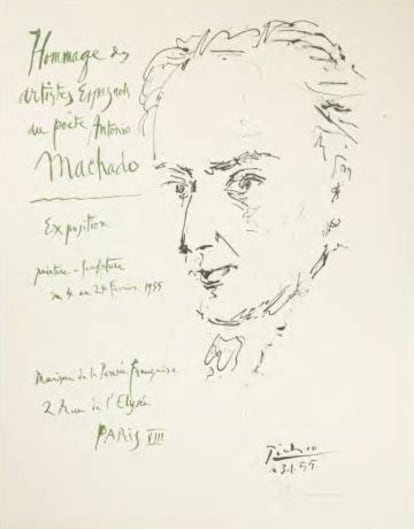 Cartel de Pablo Picasso 'Hommage des artistes espagnols à Antonio Machado' (París Maison de la Pensée Française, 1955).