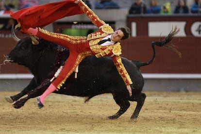 Cogida de David Galv&aacute;n en la corrida de ayer domingo en Las Ventas.