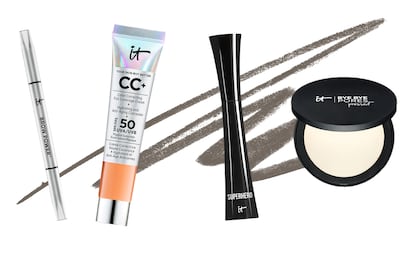 Lápiz de cejas Brow Power (23 €), crema CC con SPF 50 (37 €), máscara Superhero (25 €) y Bye Bye Pores Pressed (32 €), todo de It Cosmetics, de venta exclusiva en Douglas.