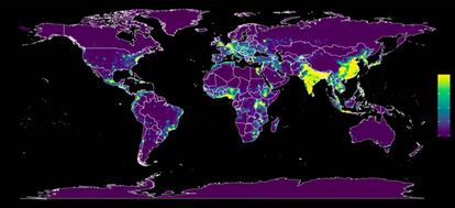 El mapa en el que se ven en amarillo los lugares en los que hay más riesgo de que surja una nueva enfermedad para los humanos.