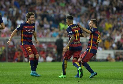 Neymar celebra un gol en el estadio Vicente Calderon. de septiembre de 2015.