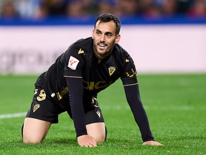 Juanmi, en el partido del Cádiz disputado ante la Real Sociedad en Anoeta.