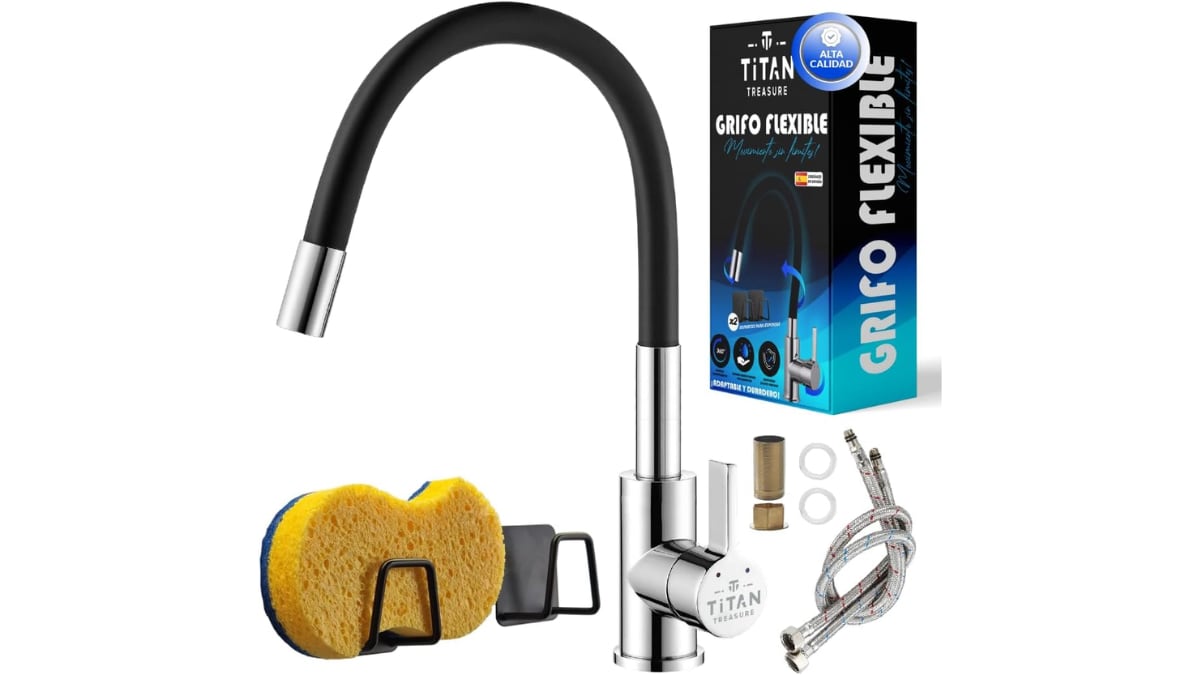 This kitchen faucet is made with stainless steel and silicone.