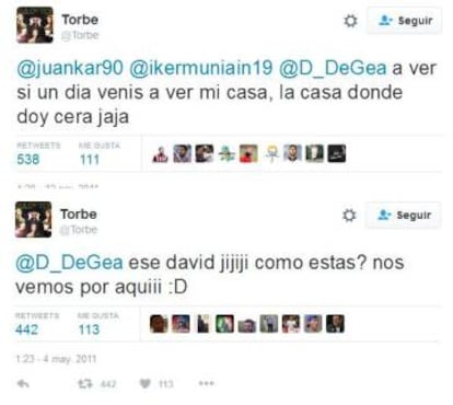 Algunos de los mensajes de Twitter que se intercambiaron Torbe, Muniain y de Gea entre 2011 y 2012.