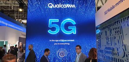 Estand de Qualcomm anunciando el 5G en el MWC19 de Barcelona.