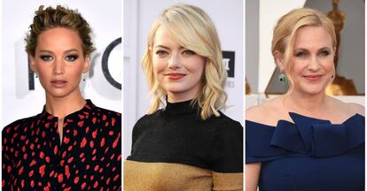 Las actrices Jennifer Lawrence, Emma Stone y Patricia Arquette.