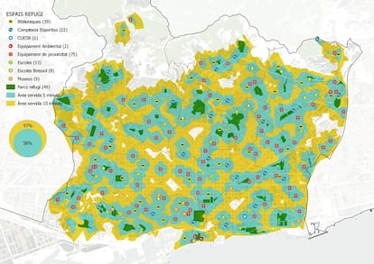 Mapa de los refugios climáticos del Ayuntamiento de Barcelona para el verano de 2023.