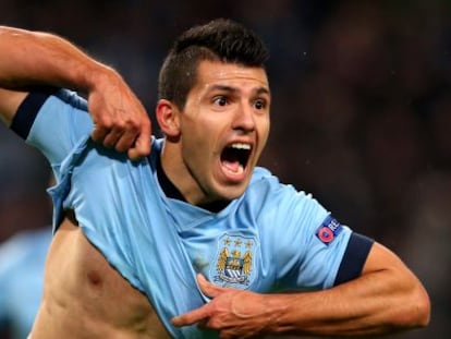 Agüero celebra uno de esos goles al Bayern.
