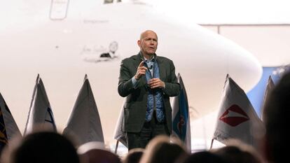 Dave Calhoun, CEO of Boeing, speaks on stage during the delivery of the final 747 jet at their plant in Everett, Washington, U.S. January 31, 2023.