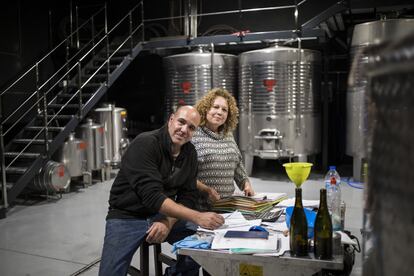 Jorge Feijóo y Marisol Borrajo posan en su bodega en la Ribeira Sacra. La viticultura es una de las principales actividades de la zona.