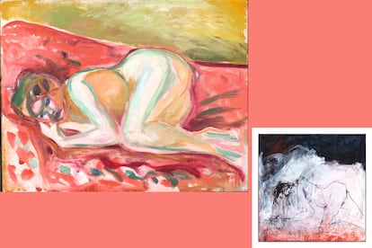 Para la británica, preparar la exposición ‘Tracey Emin / Edvard Munch: The Loneliness of the Soul’, “está siendo como hacer una exposición con un amigo”. Su obra ‘You kept it coming’, 2019 (dcha.) dialoga con ‘Crouching nude’, 1917-1919, un cuadro del noruego, del Museo Munch de Oslo (izda.).