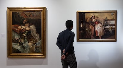 Dos de las odaliscas que se pueden ver en la exposición 'Viaje a oriente' del Museo Diocesano de Barcelona: la de Joaquim Sorolla a la izquierda y la de Luis Masriera, a la derecha.