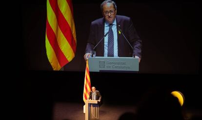 El president de la Generalitat, Quim Torra, durante su discurso en el Teatro Nacional de Cataluña.