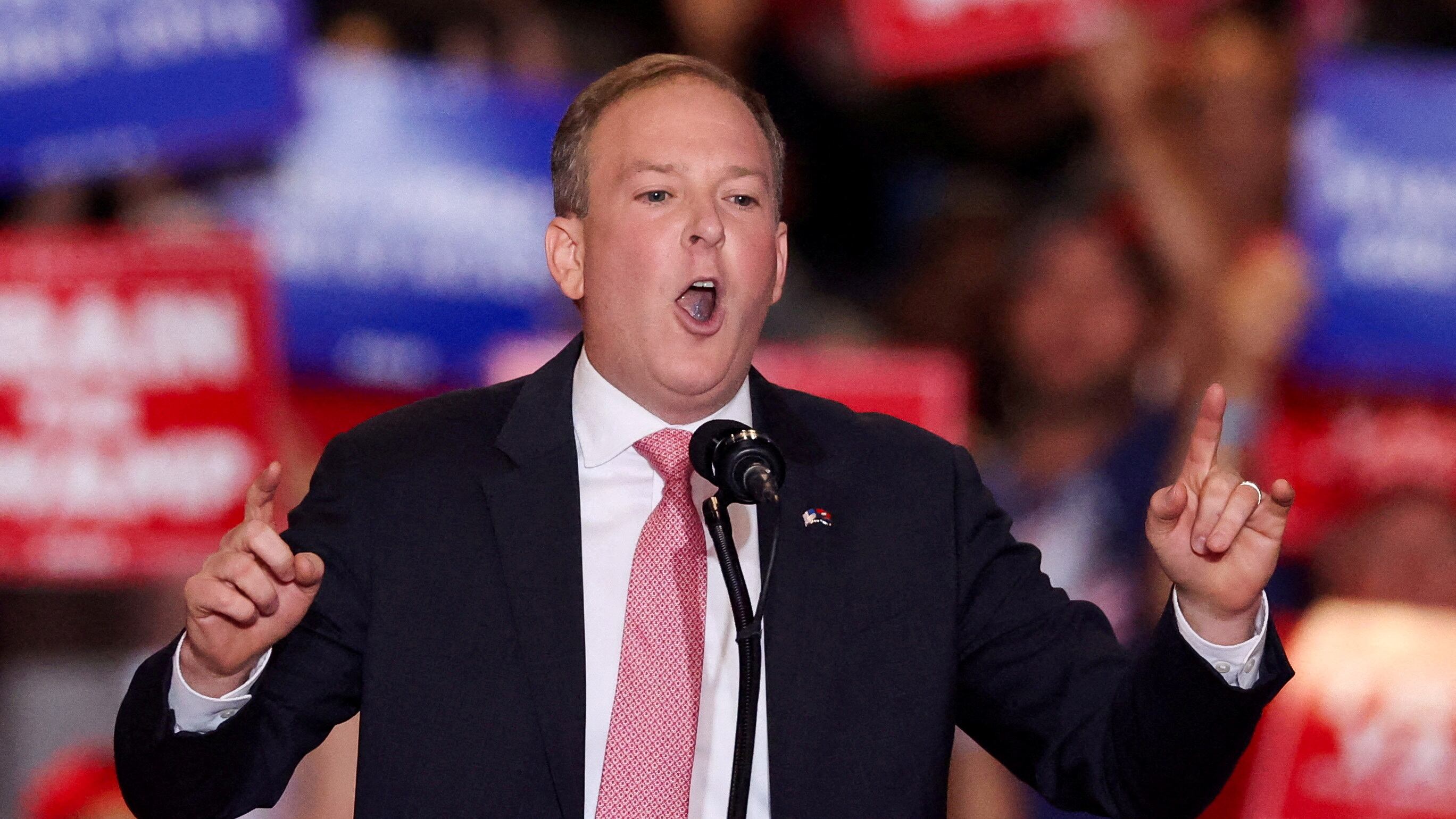 FILE PHOTO: Former U.S. Rep. Lee Zeldin speaks at the Nassau Veterans Memorial Coliseum during a rally held by Republican presidential nominee and former U.S. President Donald Trump, in Uniondale, New York, U.S., September 18, 2024. REUTERS/Brendan McDermid/File Photo