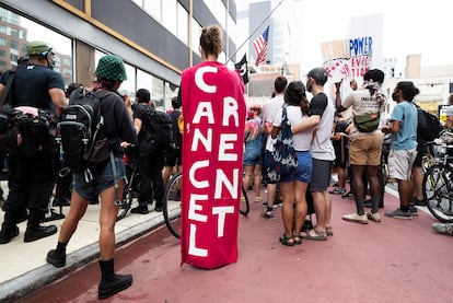 Protesta para pedir una moratoria de alquileres en Nueva York por el coronavirus, en agosto de 2020.