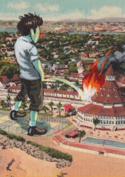 Detalle de una de las postales que incluye la exposición 'Strange fiction' de Víctor Castillo, Gulliver orina para apagar un incendio en Lilliput.