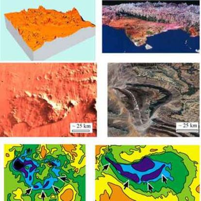 Perspectivas de las montañas de Thaumasia en el hemisferio occidental de Marte y del Himalaya terrestre (arriba, izquierda y derecha); grandes pliegues geológicos en Thaumasia (centro, izquierda) del mismo estilo y tamaño que unos del Anti-Atlas marroquí (centro, derecha) y mapas de gravedad de dichas zonas (abajo).