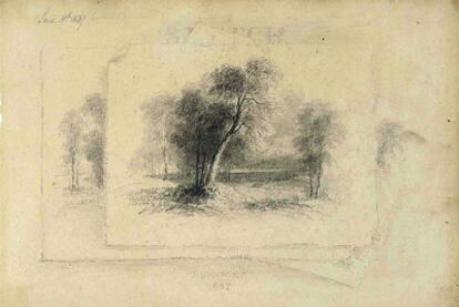 <i>Frontispicio con trompe l&#39;oeil de grupo de tres dibujos de árboles,</i><b> una de las obras presentes en la exposición de la Fundación March.</b>