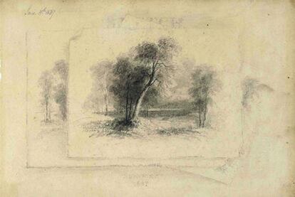 <i>Frontispicio con trompe l'oeil de grupo de tres dibujos de árboles,</i><b> una de las obras presentes en la exposición de la Fundación March.</b>