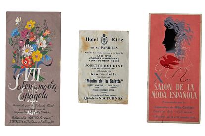 Folletos salón de la Moda Española 1944 y 1945. Tarjetón de invitación con desglose del menú ofrecido en el desfile del VII Salón de la Moda Española (febrero 1944).