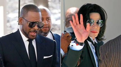 A la izquierda, R. Kelly llegando a los juzgados tras la emisión del documental 'Surviving R. Kelly'. A la derecha, Michael Jackson, al llegar a los juzgados de Santa Barbara donde se le encontró no culpable de 10 cargos de abusos sexuales