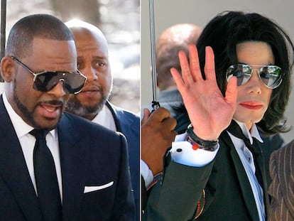 A la izquierda, R. Kelly llegando a los juzgados tras la emisión del documental 'Surviving R. Kelly'. A la derecha, Michael Jackson, al llegar a los juzgados de Santa Barbara donde se le encontró no culpable de 10 cargos de abusos sexuales