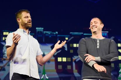 "South Park" creators Matt Stone, left, and Trey Parker discuss the "South Park: The Fractured But Whole" video game onstage at Ubisoft's E3 2015 Conference at the Orpheum Theatre on June 15, 2015, in Los Angeles.