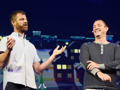 "South Park" creators Matt Stone, left, and Trey Parker discuss the "South Park: The Fractured But Whole" video game onstage at Ubisoft's E3 2015 Conference at the Orpheum Theatre on June 15, 2015, in Los Angeles.