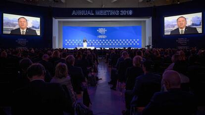 Intervención en vídeoconferencia del secretario de Estado de EE UU, Mike Pompeo, durante el Foro Económico Mundial en Davos, el pasado 22 de enero.    i