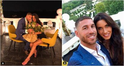 Sergio Ramos y Pilar Rubio en las dos imágenes que han compartido en sus cuentas de Instagram para anunciar su compromiso.