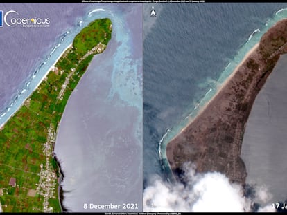 Tongatapu (Tonga), 18/01/2022.- A handout satellite image made available by Copernicus, the European Union's Earth Observation Programme, shows the impact of the Hunga-Tonga Hunga'apai volcanic eruption when comparing Copernicus Sentinel-2 images acquired on 8 December 2021 (before the event) and 17 January 2022 (after the event), on Kanokupolu, Tongatapu island, Tonga (issued 18 January 2022). The Hunga Tonga-Hunga Ha'apai underwater volcano erupted in the Archipelago of Tonga on 15 January. According to scientists from the University of Auckland, the eruption was the most powerful recorded on Earth in the last 30 years. EFE/EPA/EUROPEAN UNION, COPERNICUS SENTINEL IMAGERY HANDOUT -- MANDATORY CREDIT: European Union, Copernicus Sentinel-2 imagery -- HANDOUT EDITORIAL USE ONLY/NO SALES
