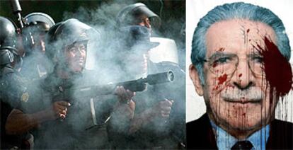 La policía dispara gases el jueves en Retalhuleu, al norte del país. A la derecha, un cartel de Efraín Ríos Montt.