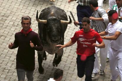 Uno de los toros de la ganadería madrileña de Victoriano del Río, a su llegada al callejón de la plaza pamplonica, durante el sexto encierro.