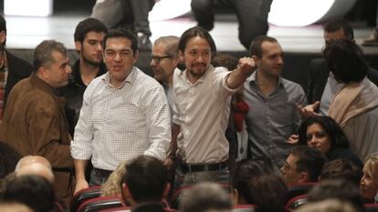 Pablo Iglesias junto al líder de Syriza, Alexis Tsipras en Madrid.